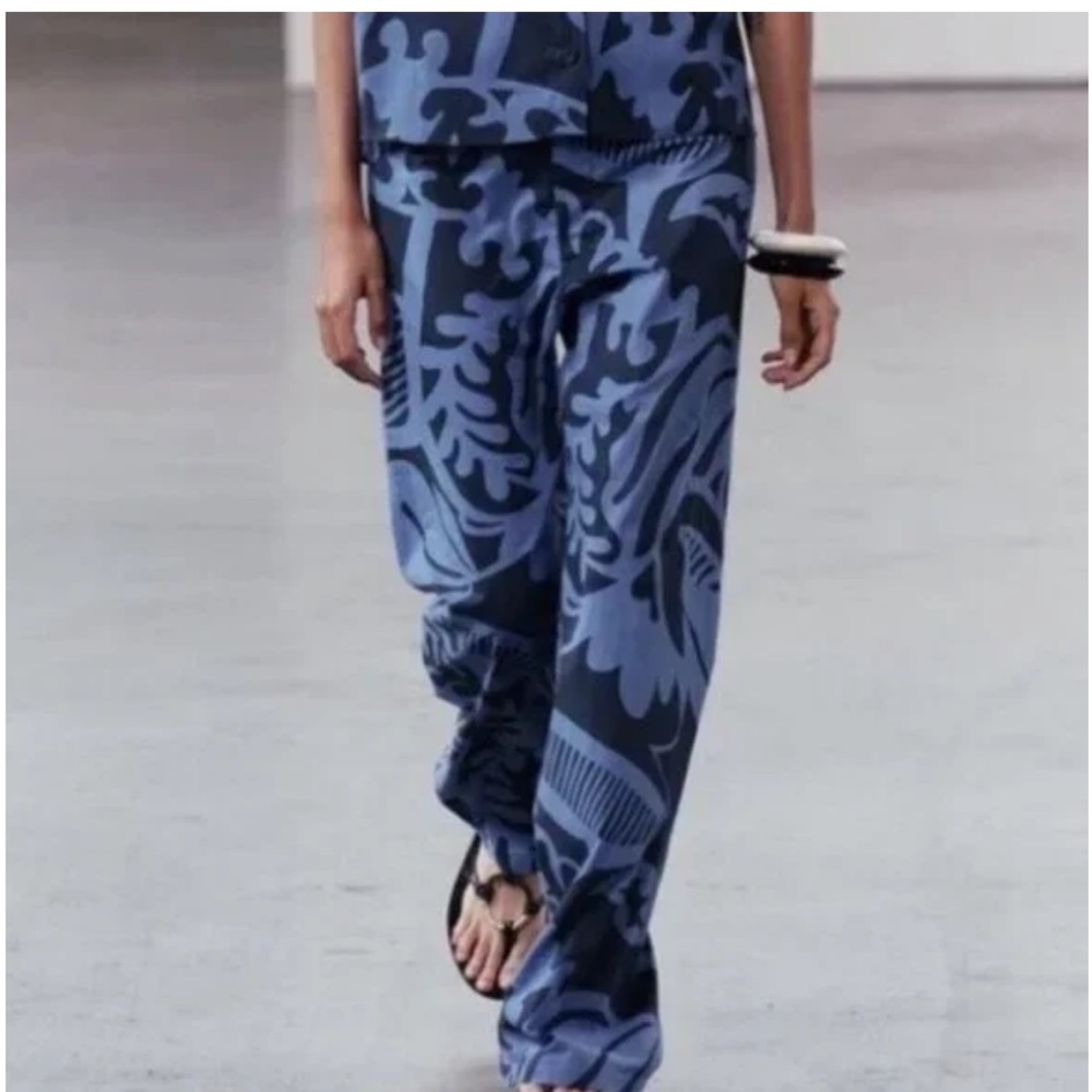 Zara Wide Leg Jumpsuit Pants in Blue and Black Abstract Print